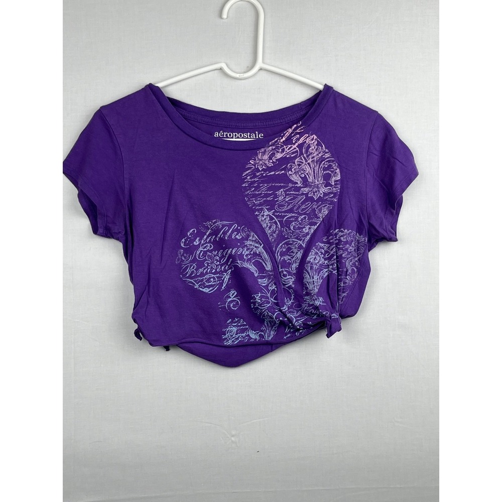 Aeropostale Women Purple Graphic Side Tie Crop Top T-Shirt Size‎ L Cotton